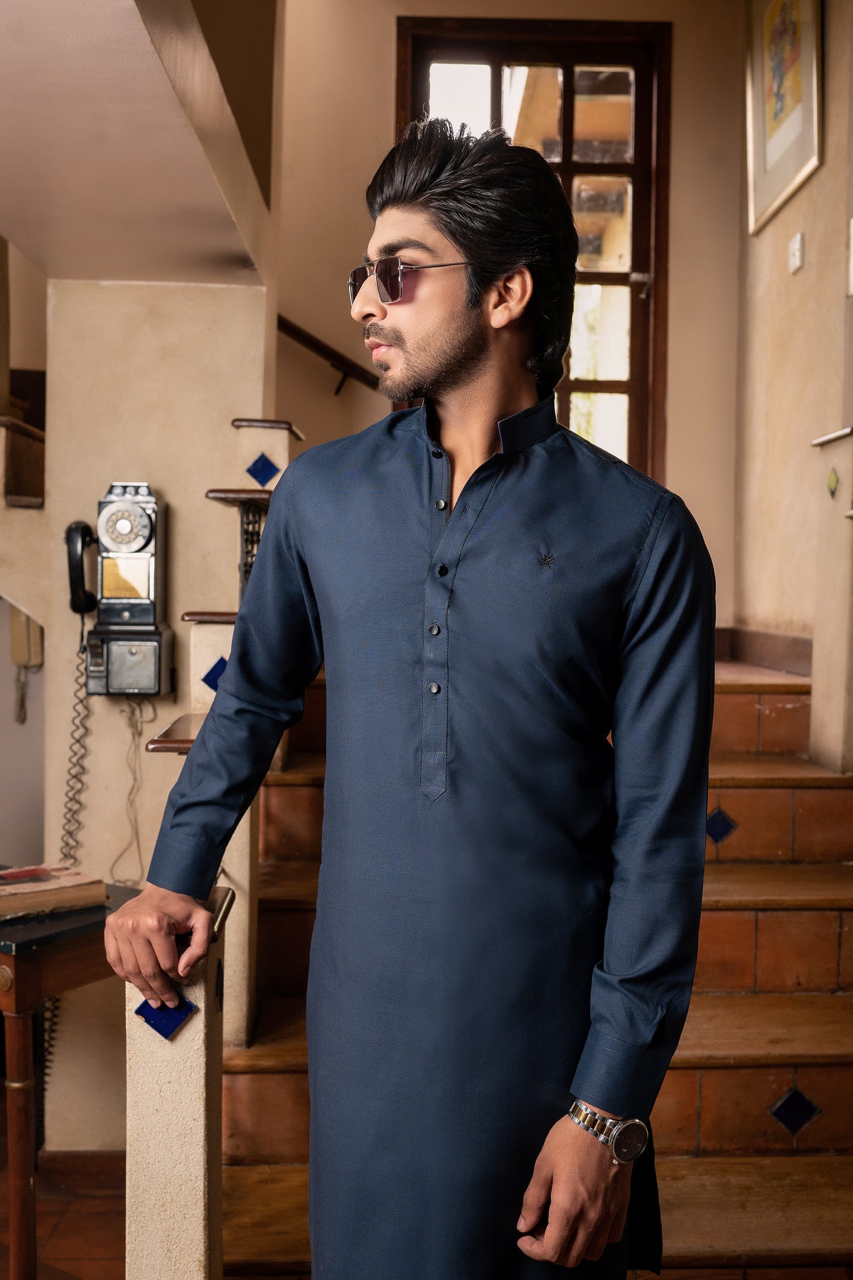 NAVY BLUE MANDARIN COLLAR KURTA TROUSER