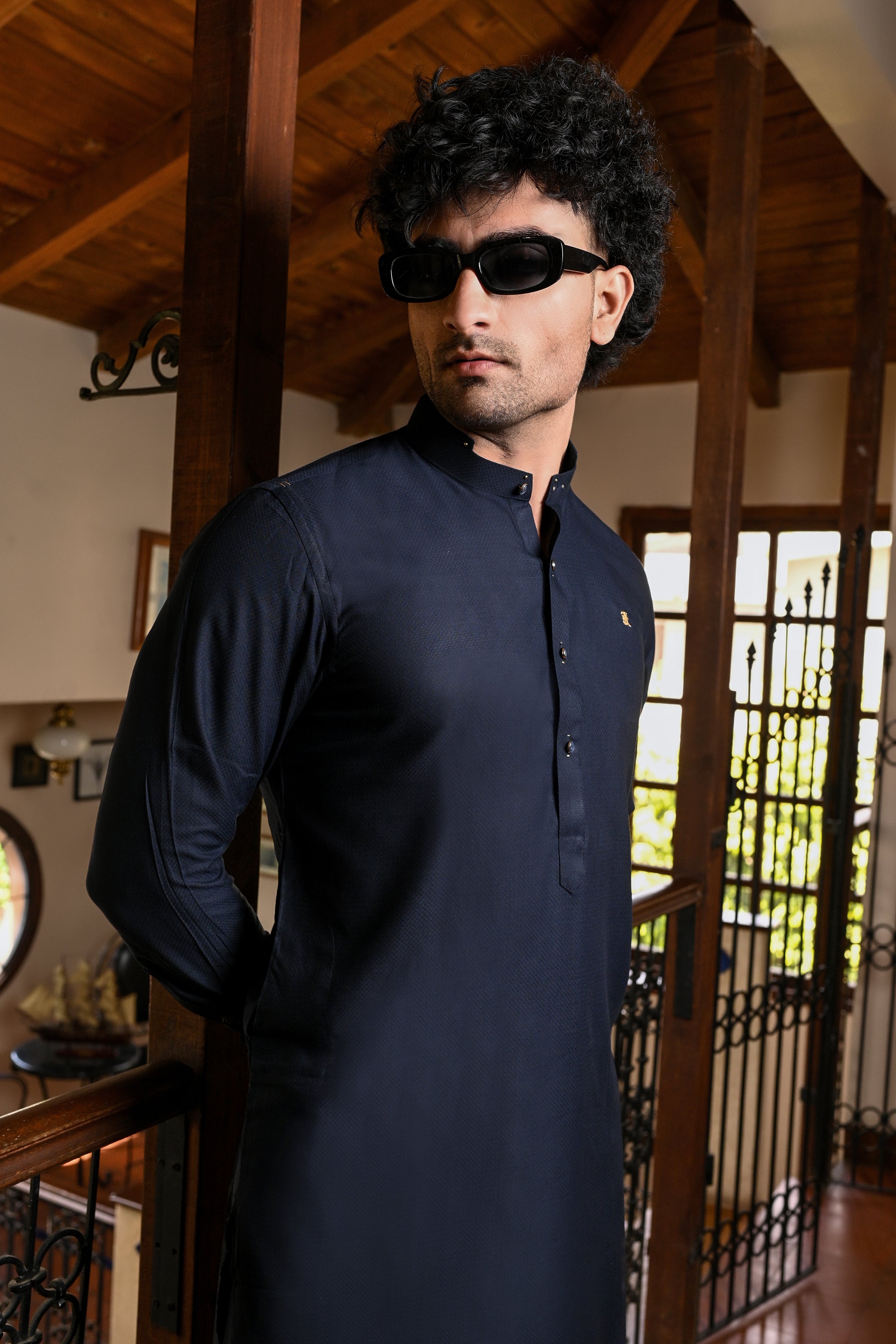 TEXTURED BLUE BAND COLLAR KURTA TROUSER