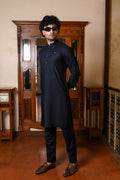 TEXTURED BLUE BAND COLLAR KURTA TROUSER