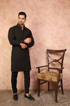 BLACK PINNED COLLAR KURTA TROUSER