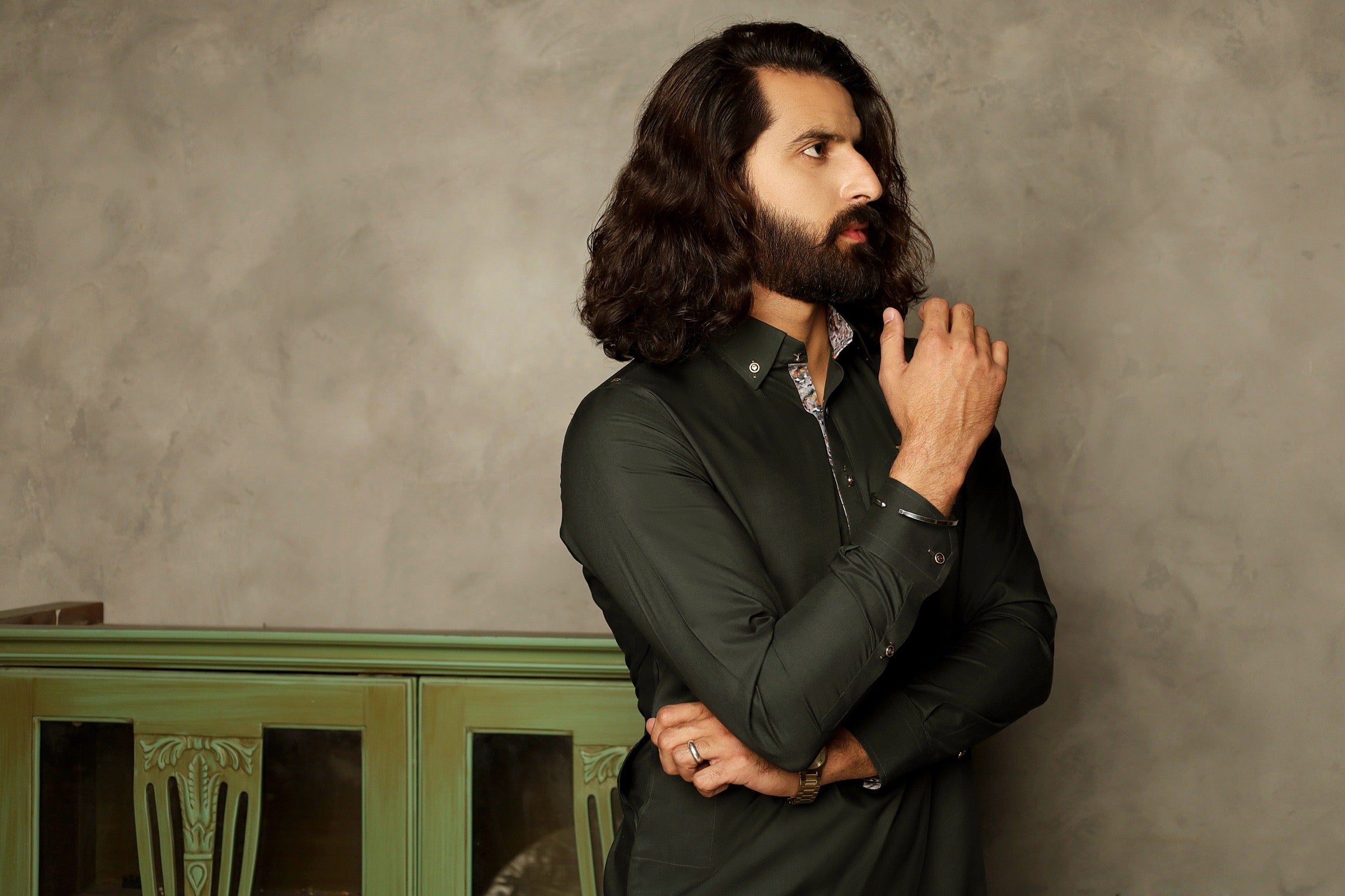 BOTTLE GREEN CLASSIC COLLAR KURTA TROUSER