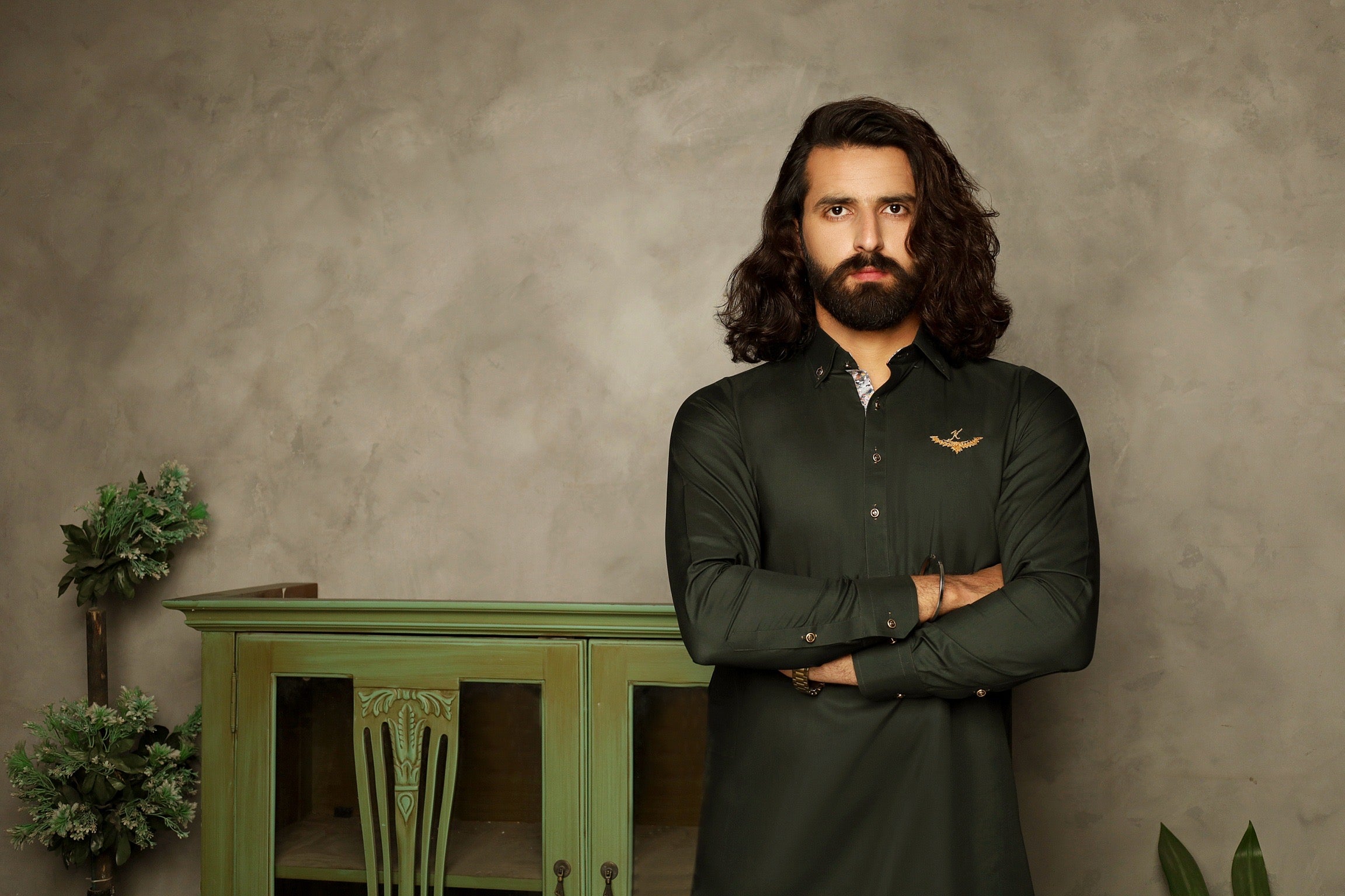BOTTLE GREEN CLASSIC COLLAR KURTA TROUSER