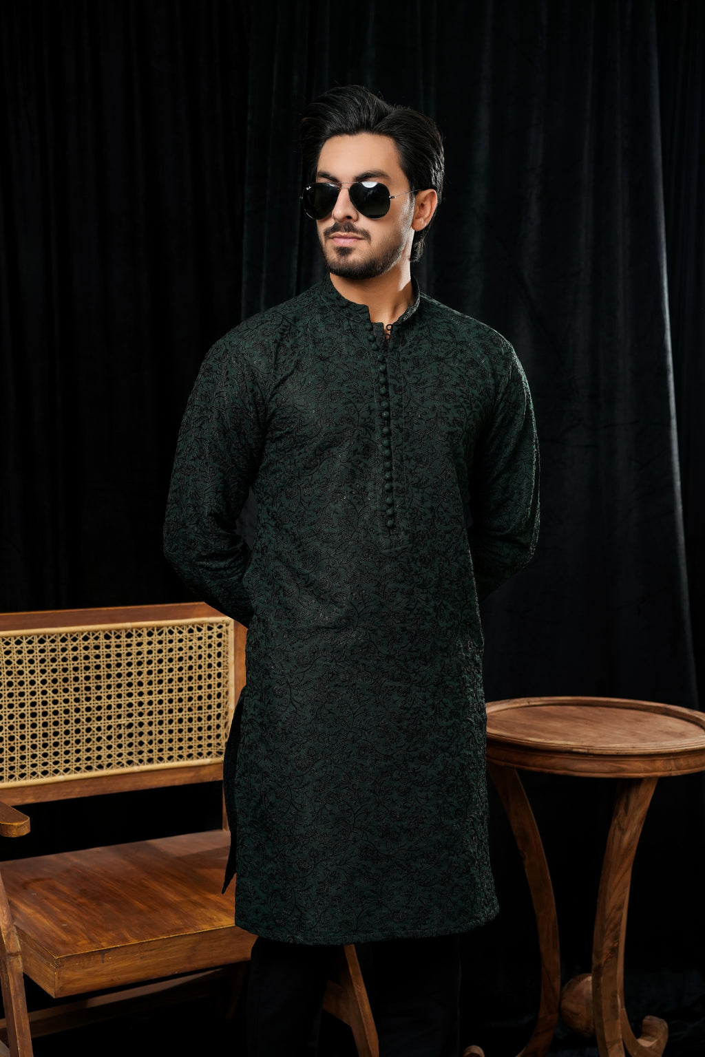 BOTTLE GREEN EMBROIDERED KURTA TROUSER