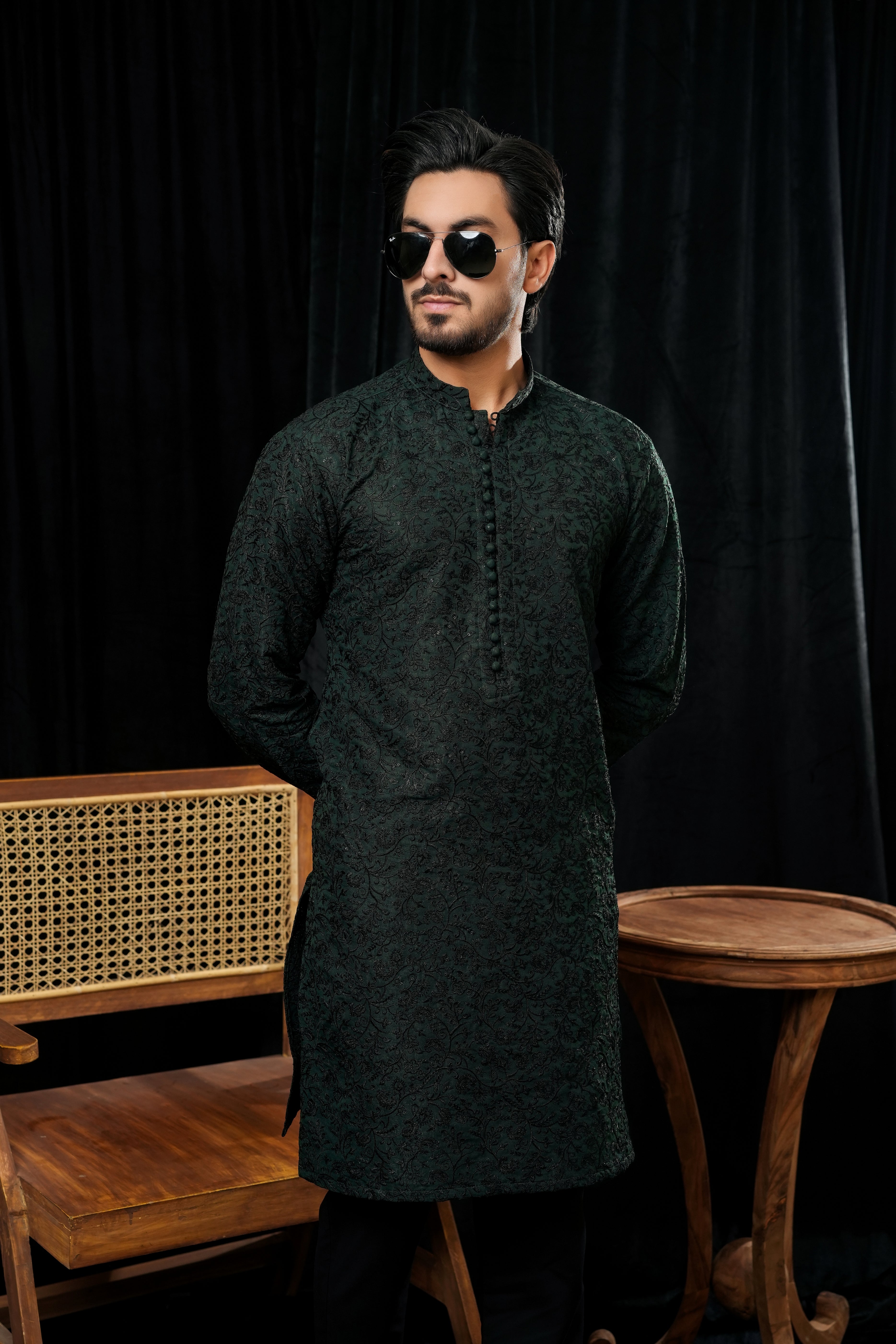 BOTTLE GREEN EMBROIDERED KURTA TROUSER