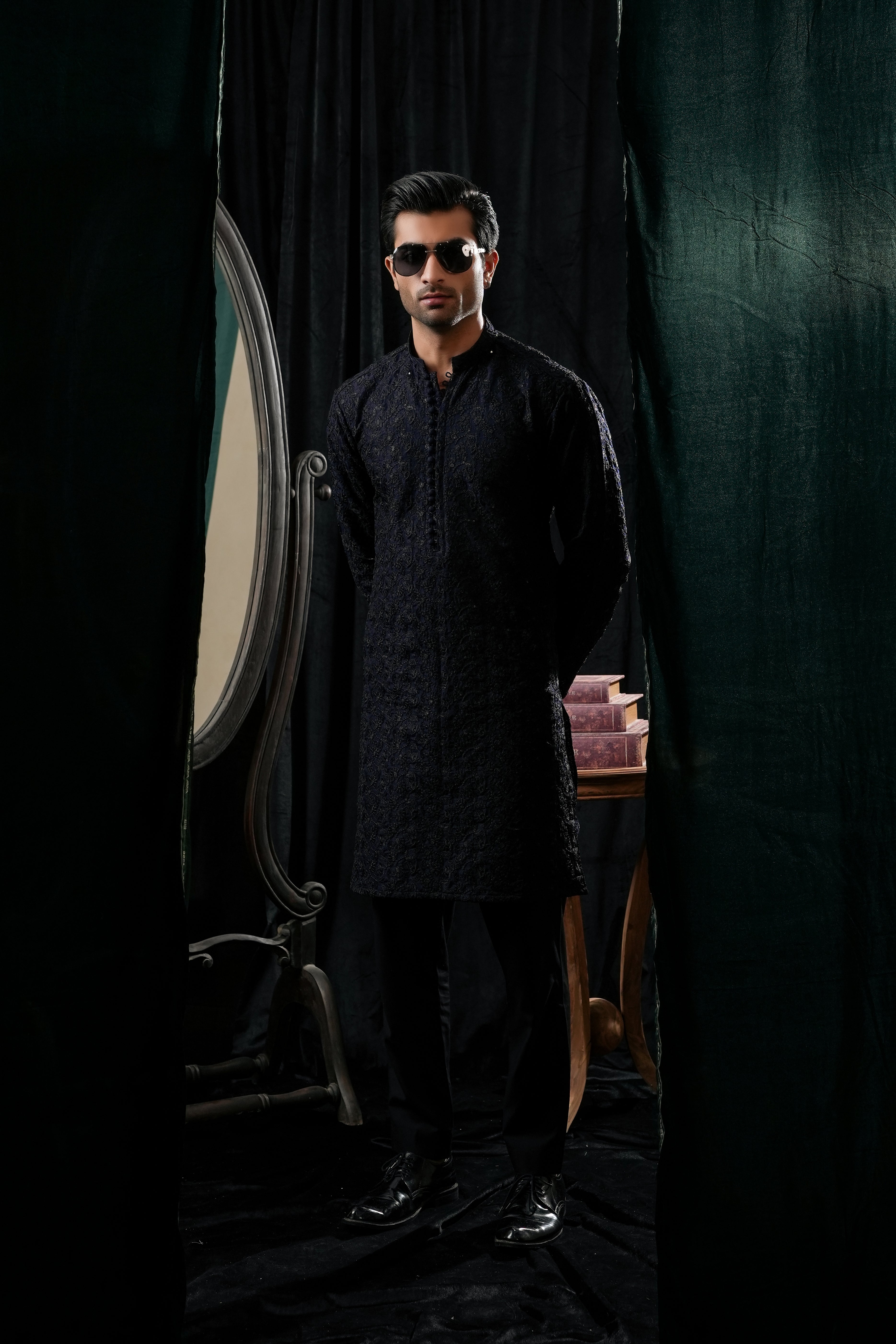 NAVY BLUE SEQUIN EMBROIDERED KURTA TROUSER