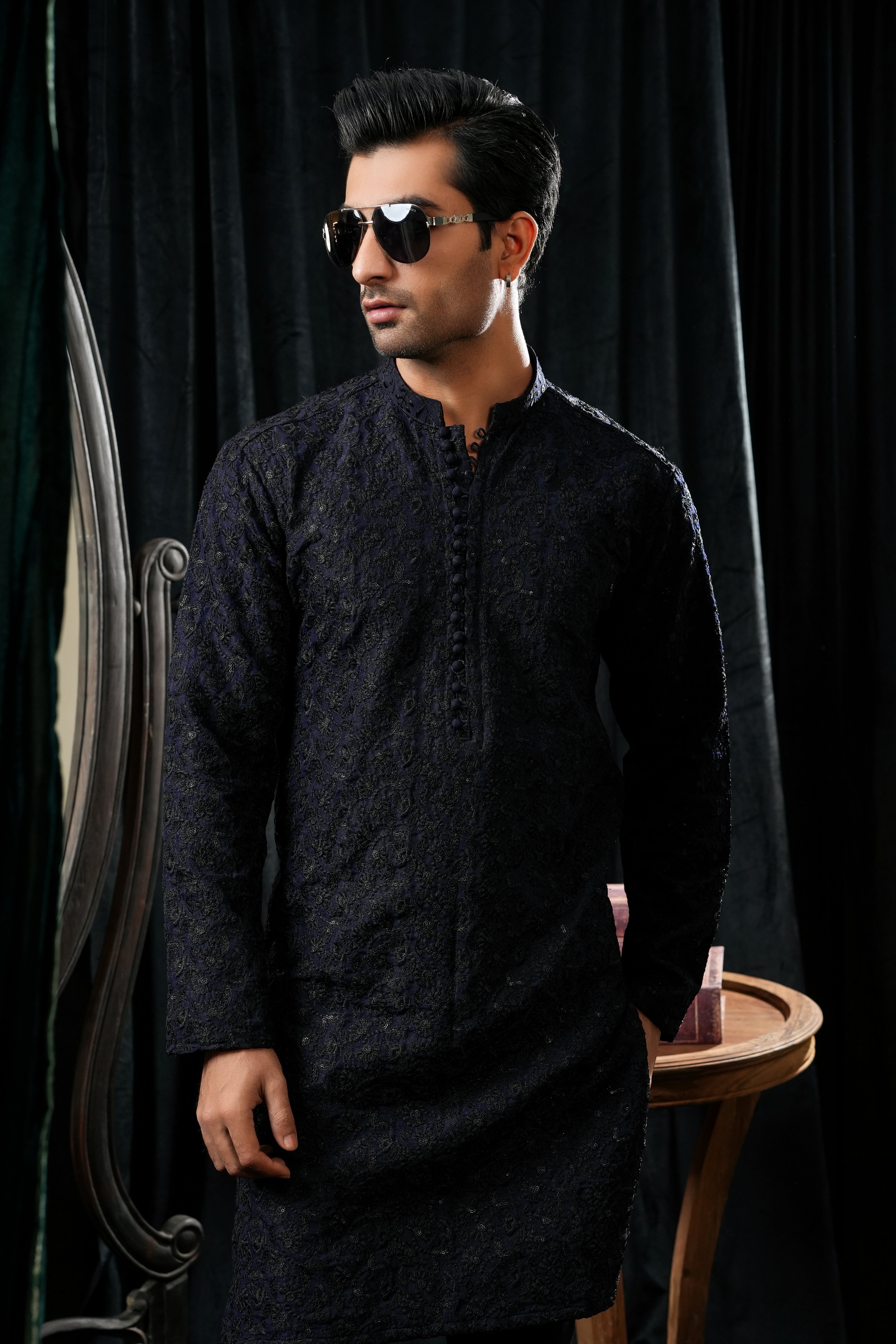 NAVY BLUE SEQUIN EMBROIDERED KURTA TROUSER