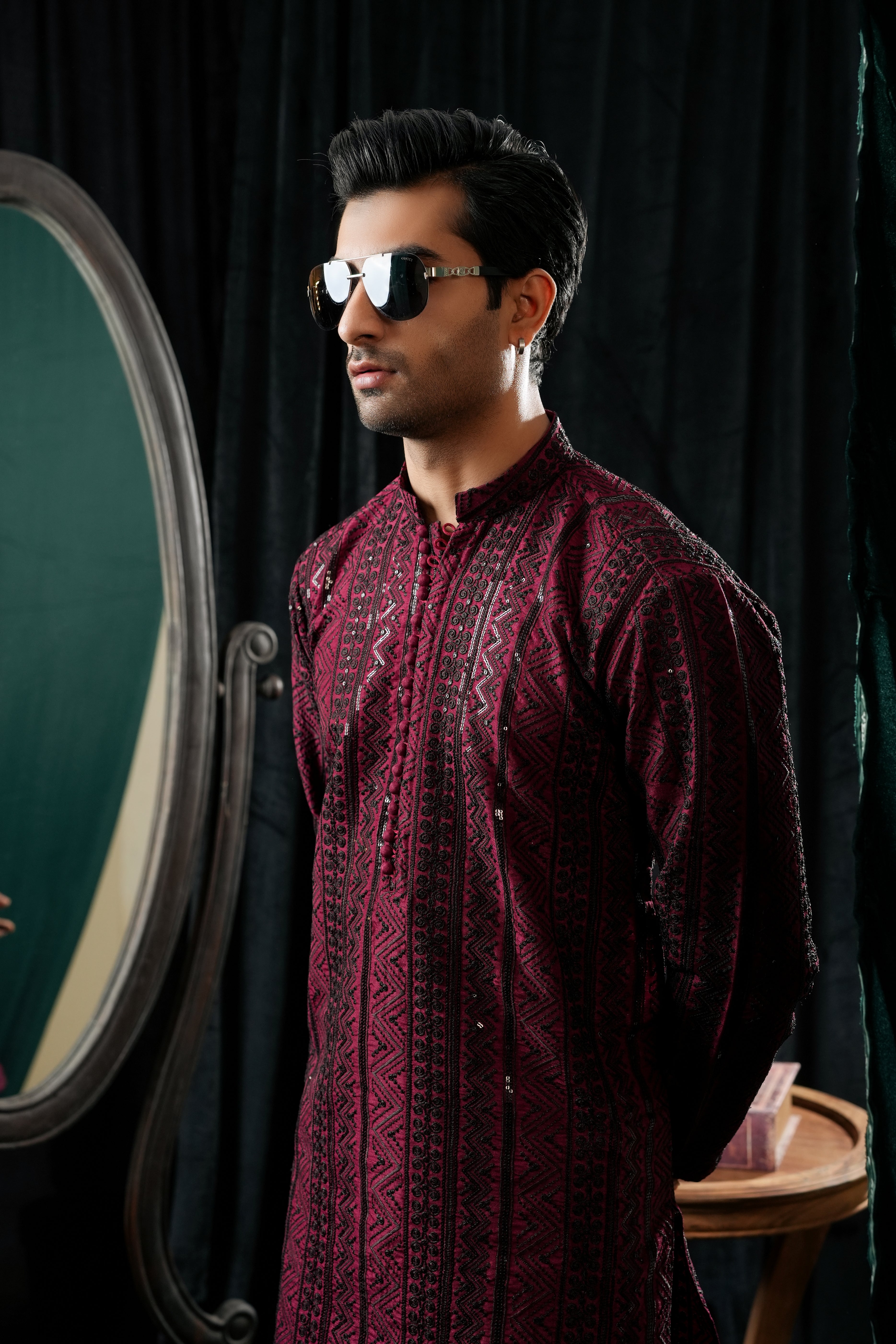 RED & BLACK EMBROIDERED KURTA TROUSER