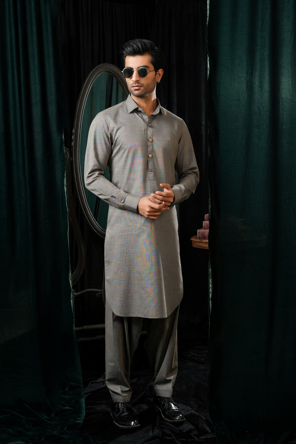 GREY PIN DOT COTTON SHALWAR KAMEEZ