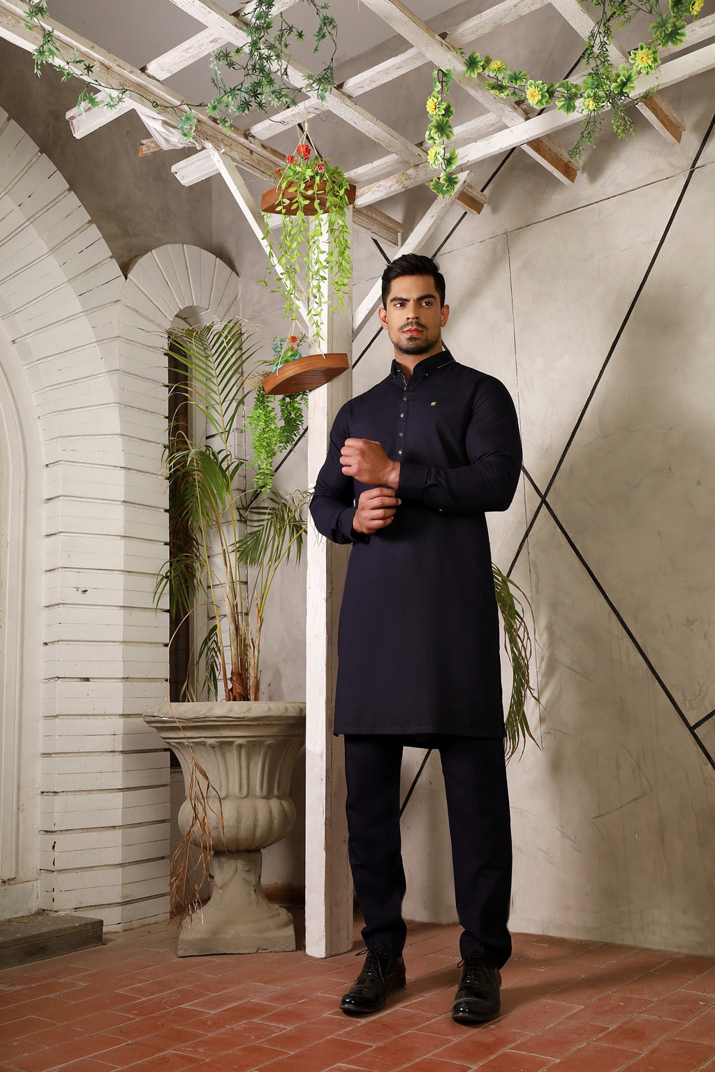 MID-NIGHT BLUE PINNED COLLAR KURTA TROUSER